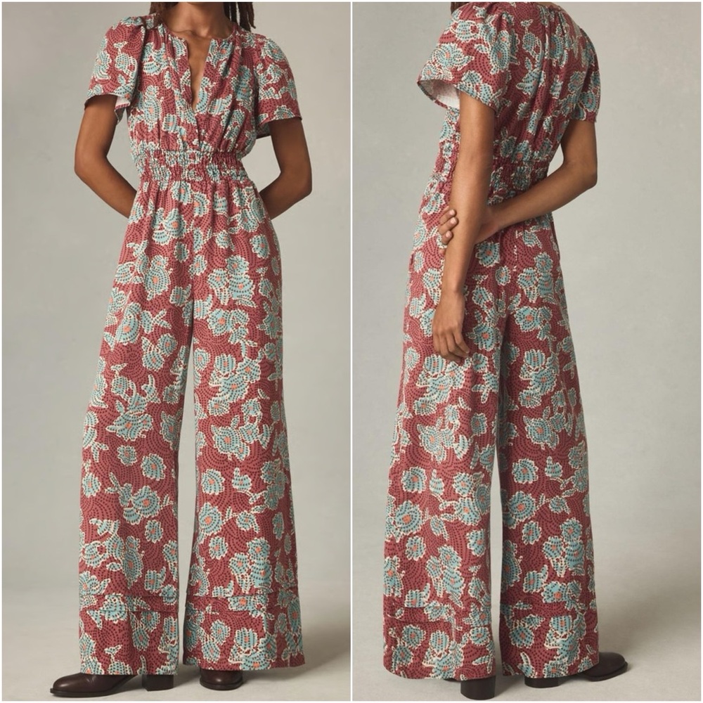 Anthropologie XS Somerset Floral Multicolor Wide-Leg Short Sleeve Jumpsuit